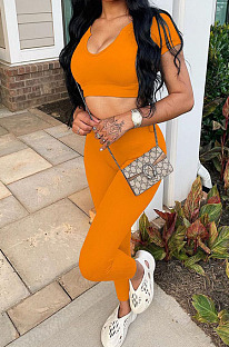 Orange Ribber U Neck Pure Color Short Sleeve Long Pants Two Piece TZ1310-2