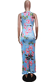 Blue Red Flower Deep V Neck Sleeveless Print Chest Spliced Long Dress WY6822-1