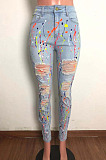 Light Blue Fashion Colorful Hole Jean Pencil Pants QZ5318-1