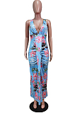 Blue Red Flower Deep V Neck Sleeveless Print Chest Spliced Long Dress WY6822-1