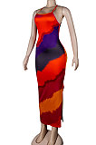 Orange Women Club Sexy Printing Backless Long Dress KA7182-1