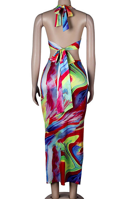 Multicolor Club Multicolor Halter Neck Backless V Collar Split Long Dress KA7180-4