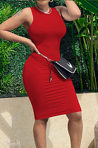 Red Pure Color High Elastic Casual Fashion Sleeveless Dress YYZ754-1