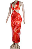 Multicolor Club Multicolor Halter Neck Backless V Collar Split Long Dress KA7180-4