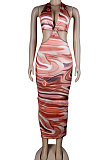 Brown Club Multicolor Halter Neck Backless V Collar Split Long Dress KA7180-2