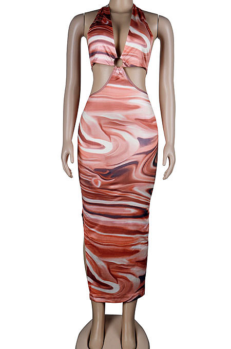 Brown Club Multicolor Halter Neck Backless V Collar Split Long Dress KA7180-2