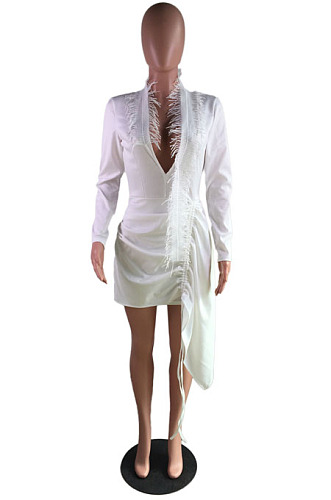 White Sexy Deep V Neck Bandage Ruffle Long Sleeve Dress C1058