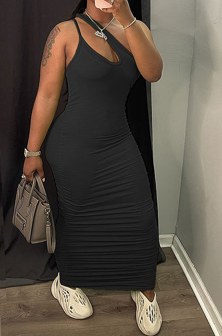 Apricot Women Side Shirred Detail One Shoulder Pure Color Long Dress AA5254-4