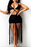 Neon Green Knitting Halter Neck Strapless Tassel Beach Dress TRS1166-5