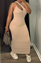 Apricot Women Side Shirred Detail One Shoulder Pure Color Long Dress AA5254-4