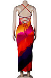 Orange Women Club Sexy Printing Backless Long Dress KA7182-1