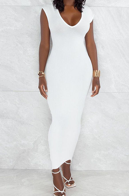 Grey Pure Color Fashion V Neck Backless Slit Zipper Bodycon Dress WY6825-2