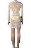 Apricot Women Sexy Bodycon Hot Drilling Long Sleeve Skirts Sets Three Pieces K2108-2