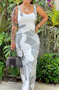 Grey Print U Neck Slim Fitting Tank Long Dress WY6824-3