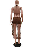 Rose Red Knitting Halter Neck Strapless Tassel Beach Dress TRS1166-6