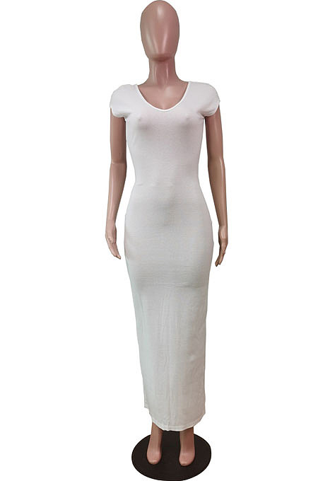 Grey Pure Color Fashion V Neck Backless Slit Zipper Bodycon Dress WY6825-2