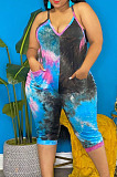 Blue Tie Dye Loose V Neck Casual Loose Romper Shorts AFY747-1