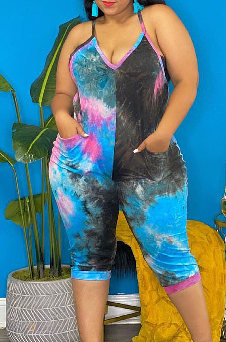 Blue Tie Dye Loose V Neck Casual Loose Romper Shorts AFY747-1