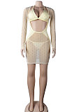 Apricot Women Sexy Bodycon Hot Drilling Long Sleeve Skirts Sets Three Pieces K2108-2