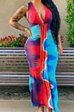 Blue Green Leaf  Deep V Neck Sleeveless Print Chest Spliced Long Dress WY6822-2