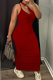 Black Women Side Shirred Detail One Shoulder Pure Color Long Dress AA5254-1