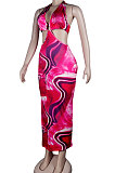 Multicolor Club Multicolor Halter Neck Backless V Collar Split Long Dress KA7180-4