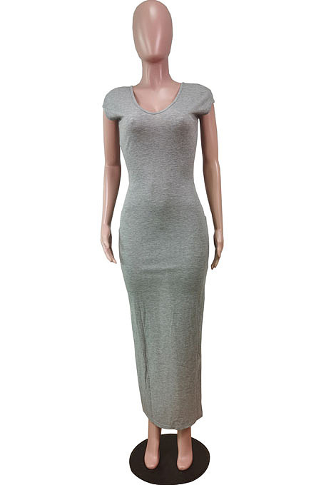 White Pure Color Fashion V Neck Backless Slit Zipper Bodycon Dress WY6825-1