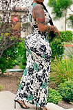 Blue Red Flower Deep V Neck Sleeveless Print Chest Spliced Long Dress WY6822-1