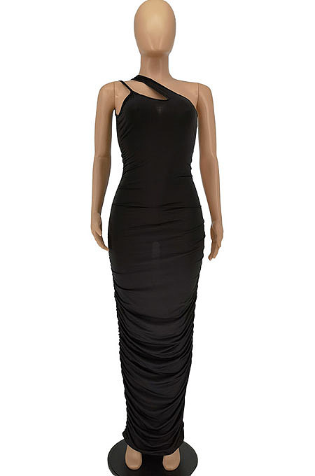 Apricot Women Side Shirred Detail One Shoulder Pure Color Long Dress AA5254-4