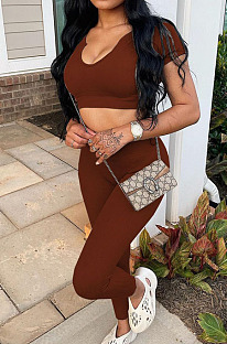 Dark Brown Ribber U Neck Pure Color Short Sleeve Long Pants Two Piece TZ1310-3