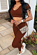 Dark Brown Ribber U Neck Pure Color Short Sleeve Long Pants Two Piece TZ1310-3