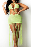 Rose Red Knitting Halter Neck Strapless Tassel Beach Dress TRS1166-6