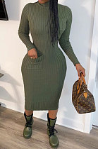 Dark Green Women Pure Color With Pocket High Elastic Ribber Casual Midi Dress ARM8142