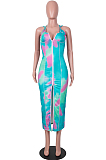 Orange Yellow Digital Print Zipper Deep V Fashion Sexy Long Dress SZS8135-3