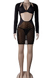 Black Women Sexy Bodycon Hot Drilling Long Sleeve Skirts Sets Three Pieces K2108-1