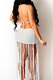 Rose Red Knitting Halter Neck Strapless Tassel Beach Dress TRS1166-6