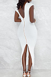 White Pure Color Fashion V Neck Backless Slit Zipper Bodycon Dress WY6825-1