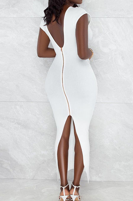 White Pure Color Fashion V Neck Backless Slit Zipper Bodycon Dress WY6825-1