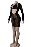 Apricot Women Sexy Bodycon Hot Drilling Long Sleeve Skirts Sets Three Pieces K2108-2