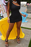 Black Women Sexy Pure Color Mid Waist Hip One Shoulder Mini Dress YM207-4
