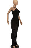 Black Women Side Shirred Detail One Shoulder Pure Color Long Dress AA5254-1