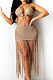 Dark Khaki Knitting Halter Neck Strapless Tassel Beach Dress TRS1166-4