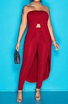 Red Pure Color Strapless Cloak Long Pants Two Piece C3059-1