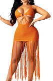 White Knitting Halter Neck Strapless Tassel Beach Dress TRS1166-1