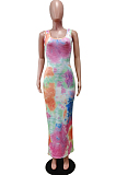 Black White Print U Neck Slim Fitting Tank Long Dress WY6824-5