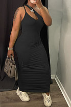 Black Women Side Shirred Detail One Shoulder Pure Color Long Dress AA5254-1