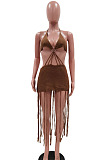 White Knitting Halter Neck Strapless Tassel Beach Dress TRS1166-1
