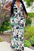 White Green Flower Deep V Neck Sleeveless Print Chest Spliced Long Dress WY6822-4
