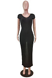 Black Pure Color Fashion V Neck Backless Slit Zipper Bodycon Dress WY6825-3