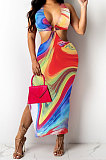 Orange Club Multicolor Halter Neck Backless V Collar Split Long Dress KA7180-3